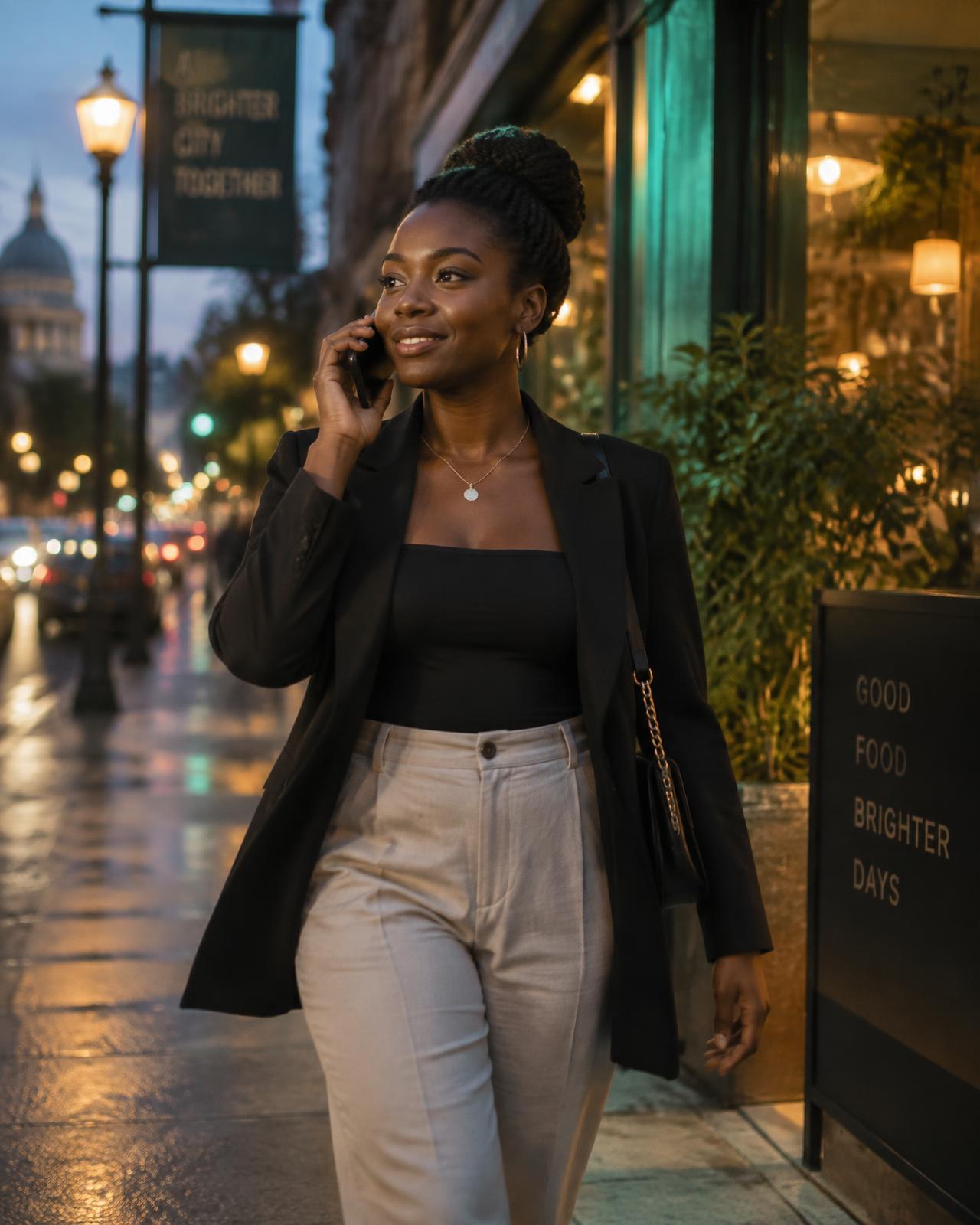 A woman walking home in the city at dusk, talking on her phone